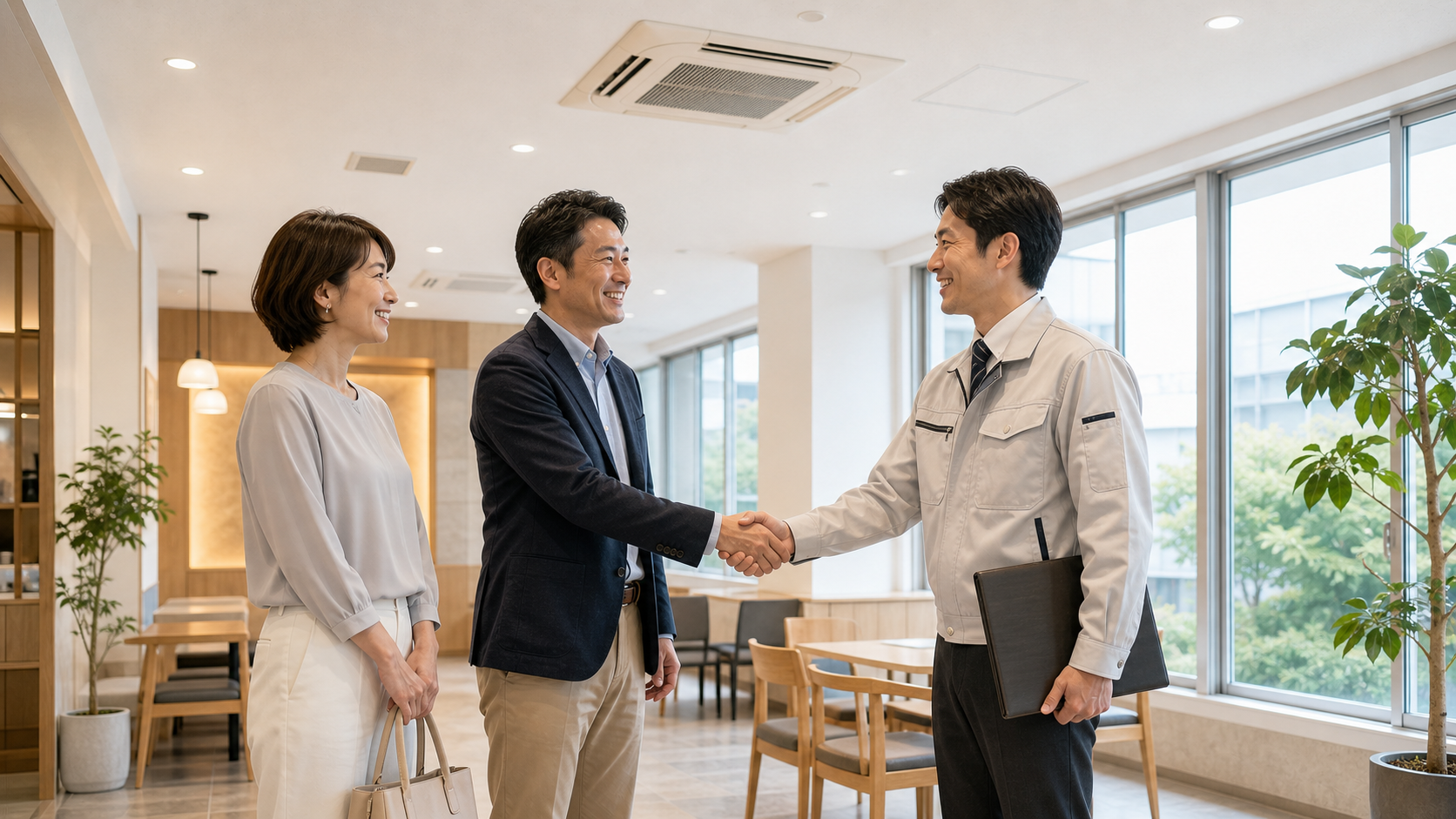 現場が無事に完了し日本企業の関係者が喜ぶイメージ
